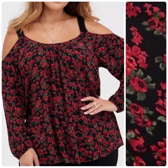 Torrid Crinkle Gauze Lace Trim Cold Shoulder Top Red Floral Long Sleeve Plus 2X - Picture 1 of 15